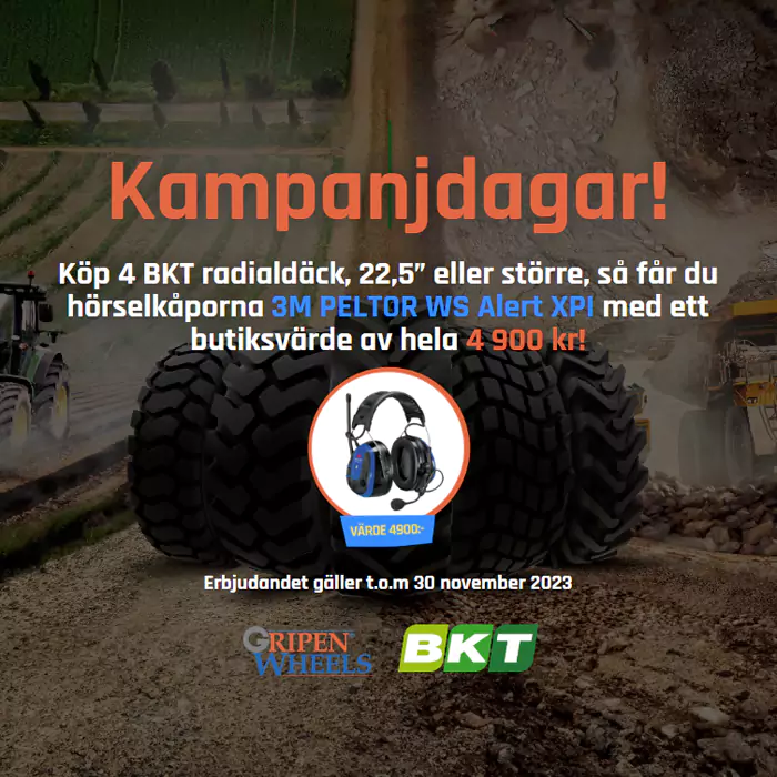 Köp fyra BKT radialdäck och få med 3M PELTOR WS Alert XPI Hörselkåpor