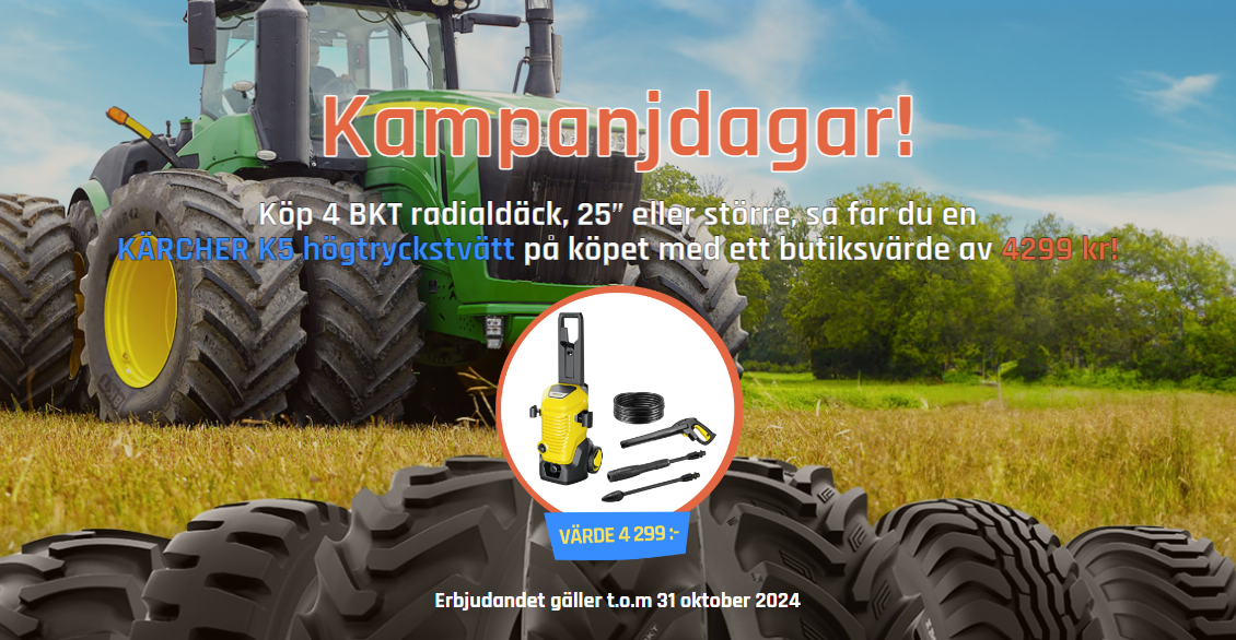 Kärcher K5 högtryckstvätt på köpet när du köper fyra BKT radialdäck 22,5 tum eller större